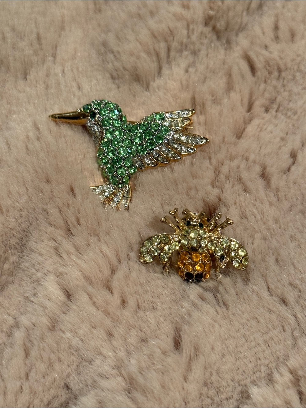 Rhinestone Hummingbird and Bee Brooch Set